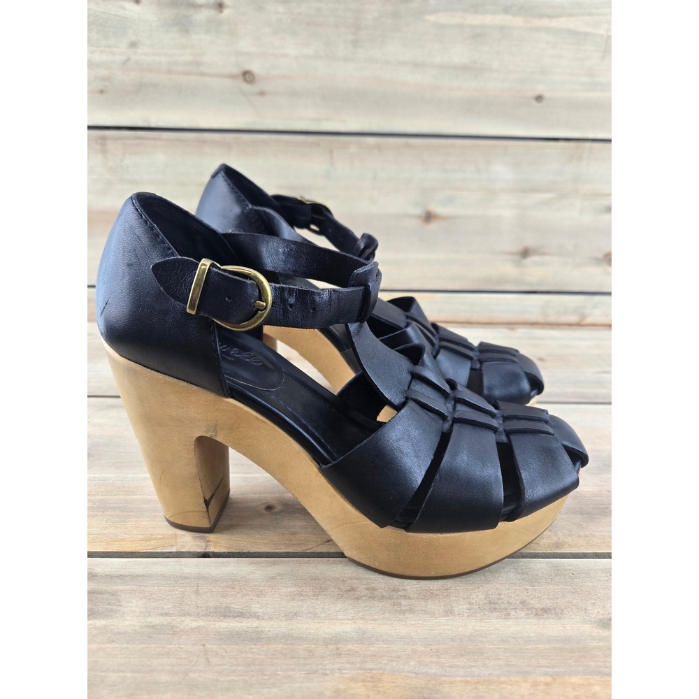 Madewell The Andie Black Leather Fisherman Wood Platform Block Heel Sandals 7 M